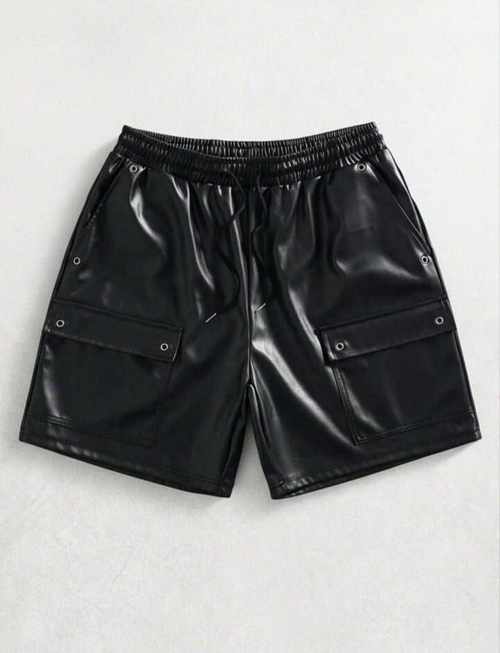 Men's Loose Drawstring Waist Cargo Pocket PU Leather Shorts